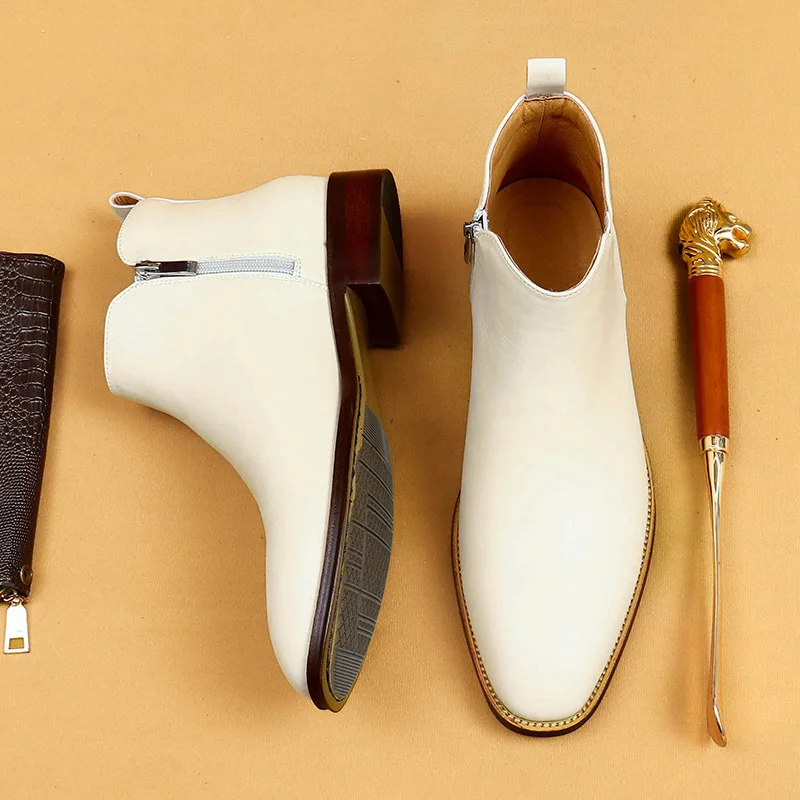 White Genuine Leather Chelsea Boots Pointed Toe Cowhide Side Zipper Ankle Boots Spring Autumn British Male Business Dress Shoes - Image 5