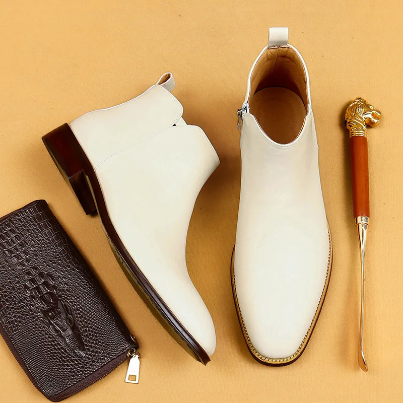 White Genuine Leather Chelsea Boots Pointed Toe Cowhide Side Zipper Ankle Boots Spring Autumn British Male Business Dress Shoes - Image 6