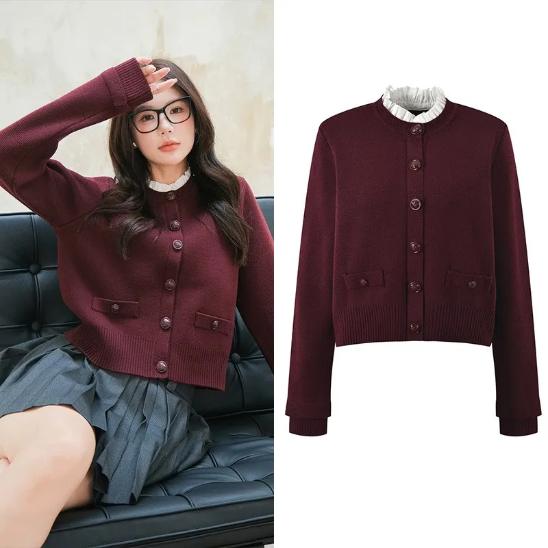 Wine red cardigan sweater sweater 2024 autumn new single-breasted fashion all-match coat - Image 3
