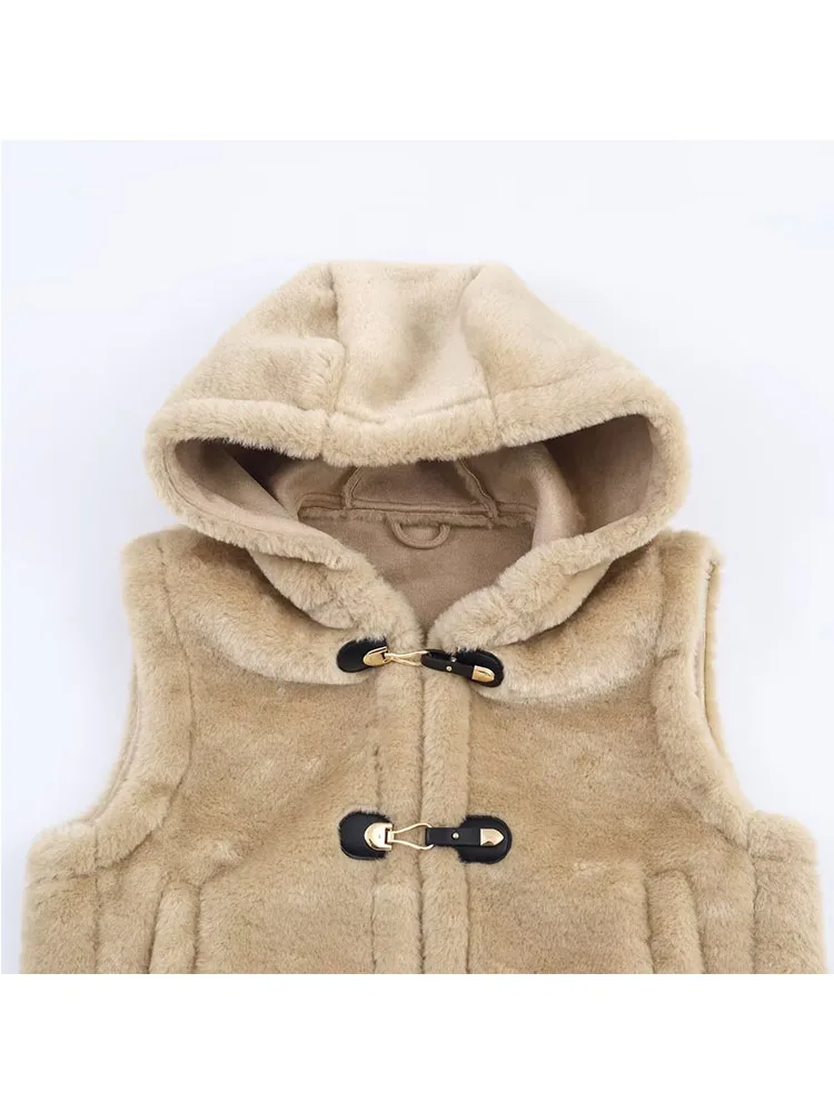 Women Autumn Winter Faux Fur Vest 2025Women New Fashion Button Hooded Fur Vest Coat Female Sleeveless Leisure Warm Outwears - Image 3
