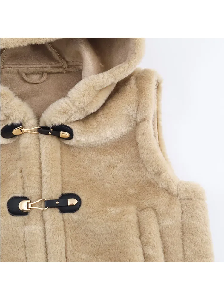Women Autumn Winter Faux Fur Vest 2025Women New Fashion Button Hooded Fur Vest Coat Female Sleeveless Leisure Warm Outwears - Image 4