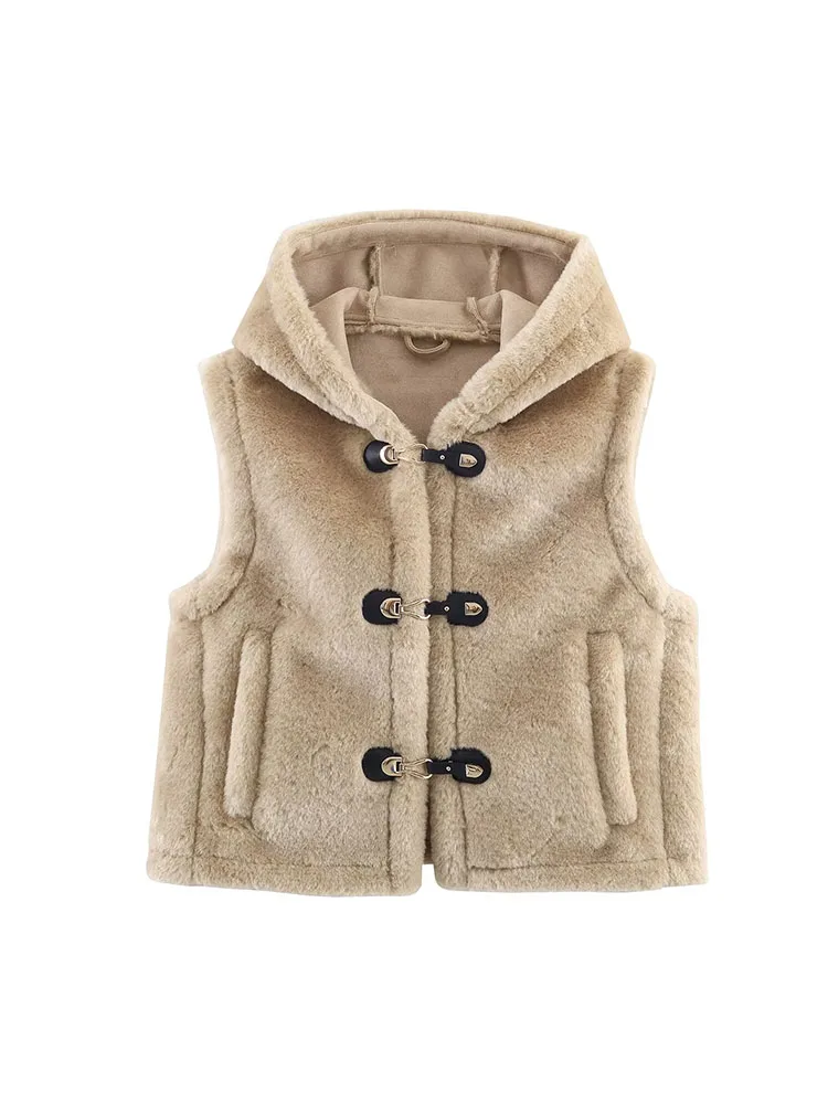 Women Autumn Winter Faux Fur Vest 2025Women New Fashion Button Hooded Fur Vest Coat Female Sleeveless Leisure Warm Outwears