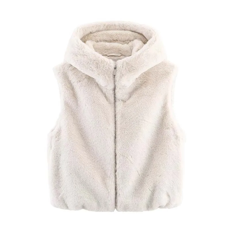 Women Fashion Faux Fur Effect Vest Female Zipper Hooded Sleeveless Jacket Autumn Winter WaistCoat Warm Fluff Short Vests Coat - Image 2
