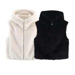 Women Fashion Faux Fur Effect Vest Female Zipper Hooded Sleeveless Jacket Autumn Winter WaistCoat Warm Fluff Short Vests Coat