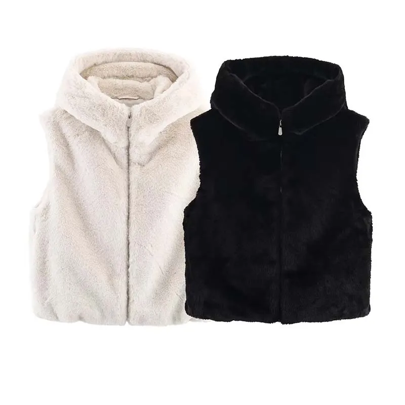 Women Fashion Faux Fur Effect Vest Female Zipper Hooded Sleeveless Jacket Autumn Winter WaistCoat Warm Fluff Short Vests Coat