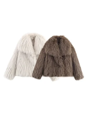Women Fashion Faux Fur Jacket Coat Winter Long Sleeve With Pockets Coat Female Chic Elegant Lapel Collar Thick Warm Outerwear