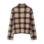 Women Fashion Plaid Knitted Sweater Vintage Long Sleeve Stand Collar Short Sweaters Female Pullovers Chic Knitwear Tops
