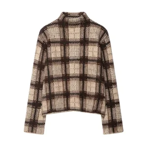 Women Fashion Plaid Knitted Sweater Vintage Long Sleeve Stand Collar Short Sweaters Female Pullovers Chic Knitwear Tops