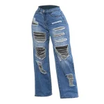 Women'S High Waist Distressed Jeans Straight Leg Casual Loose Denim Pants Retro Solid Harajuku Grunge Trousers