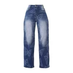 Women'S Wide Leg High Waisted Butterfly Print Jeans Loose Fit Trendy Vintage Blue Pants Woman Clothes Baggy Wide Leg Trousers