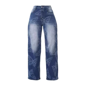 Women'S Wide Leg High Waisted Butterfly Print Jeans Loose Fit Trendy Vintage Blue Pants Woman Clothes Baggy Wide Leg Trousers