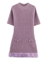 Women Sexy Knitted Dress 2025 Autumn Winter women New Fur Splice Short Sleeves Leisure Dress Women Fashion Elegant Party Dress