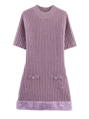 Women Sexy Knitted Dress 2025 Autumn Winter women New Fur Splice Short Sleeves Leisure Dress Women Fashion Elegant Party Dress