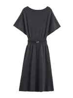 Women Simple Fashion With Belt Dresses 2025 Summer New Solid Color Waist Cincher Short Sleeves Dress Woman Elegant Party Dresses