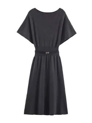 Women Simple Fashion With Belt Dresses 2025 Summer New Solid Color Waist Cincher Short Sleeves Dress Woman Elegant Party Dresses