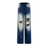 Women Stretchy Distressed Wide Leg Jeans Ripped Mom Baggy Straight Boyfriend Trendy Trouser Denim Fashion Oversize Korean Pants