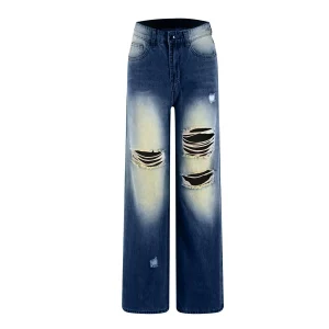 Women Stretchy Distressed Wide Leg Jeans Ripped Mom Baggy Straight Boyfriend Trendy Trouser Denim Fashion Oversize Korean Pants