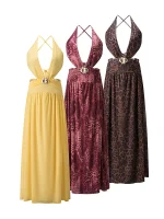 Women' s Sexy Halter Dress Fashion Deep V-neck Dress Sleeveless Halter Leopard Print Long Dresses 2025 Summer Backless Dress