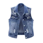 Women's Studded & Distressed Denim Vest | Export Quality Washed Destroyed Sleeveless Jacket