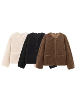 Women's Teddy Fleece Jacket 2025 Autumn Winter New Solid Color Long Sleeves Jackets Female Fashion Elegant Streetwears Outerwear