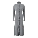 Women's dress Wooden ear edge single-breasted elegant fashion simple long-sleeved knit dress