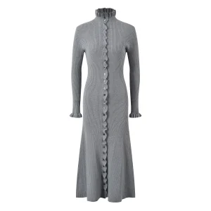 Women's dress Wooden ear edge single-breasted elegant fashion simple long-sleeved knit dress