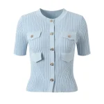 Women's knitted cardigan flower button 2024 summer fashion short sleeve blouse