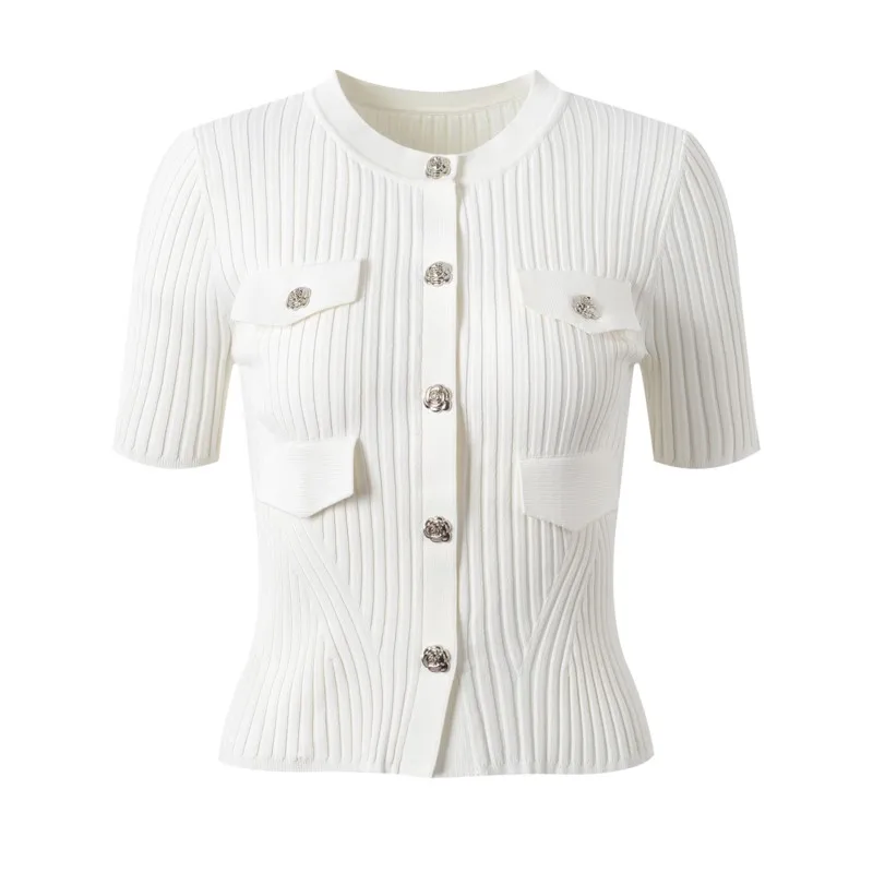 Women's knitted cardigan flower button 2024 summer fashion short sleeve blouse - Image 4