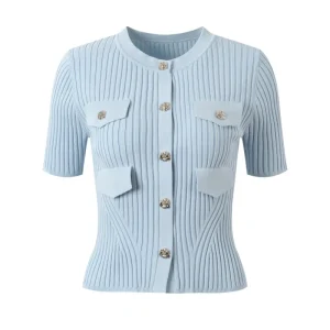 Women's knitted cardigan flower button 2024 summer fashion short sleeve blouse