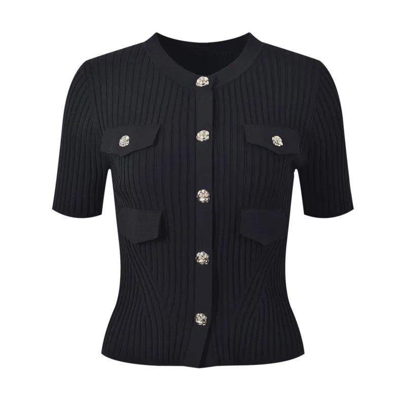 Women's knitted cardigan flower button 2024 summer fashion short sleeve blouse - Image 5