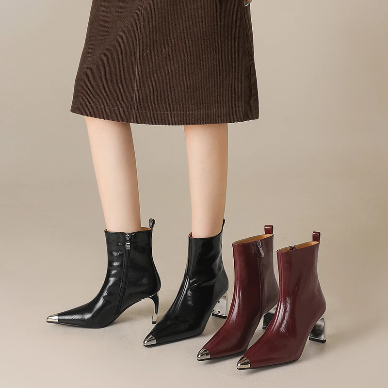 Women's new leather, cowhide, metal toe, pointed high-heeled and calf retro short boots, fashion boots, western boots - Image 3