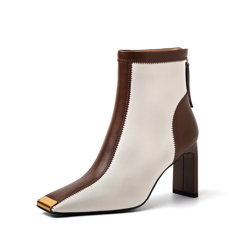 Women's new leather cowhide square toe metal toe calf zipper high heel color blocked western short boots Chelsea fashion boots - Image 2