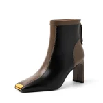 Women's new leather cowhide square toe metal toe calf zipper high heel color blocked western short boots Chelsea fashion boots