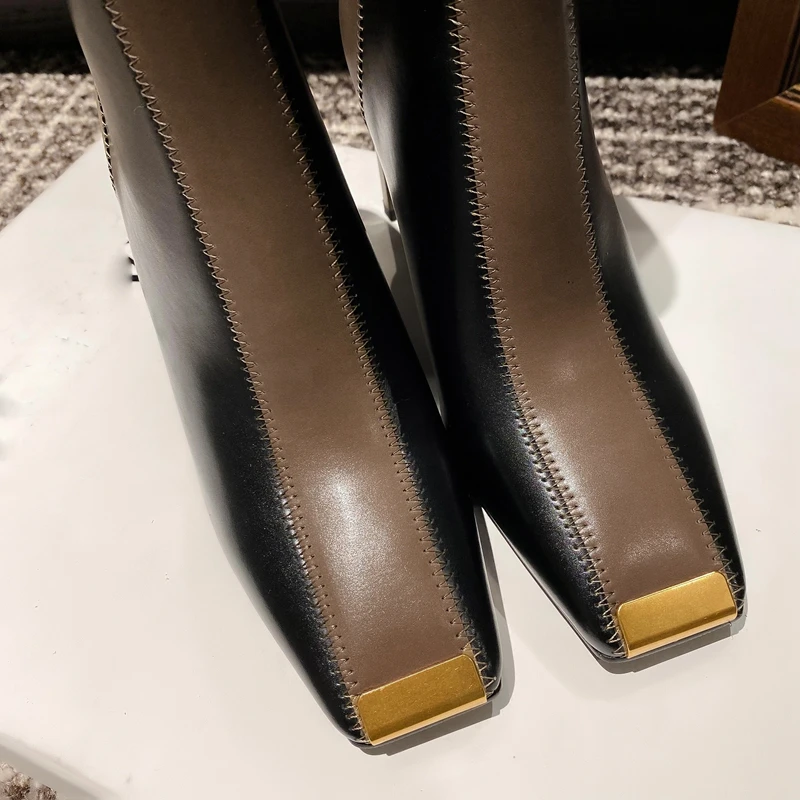Women's new leather cowhide square toe metal toe calf zipper high heel color blocked western short boots Chelsea fashion boots - Image 4