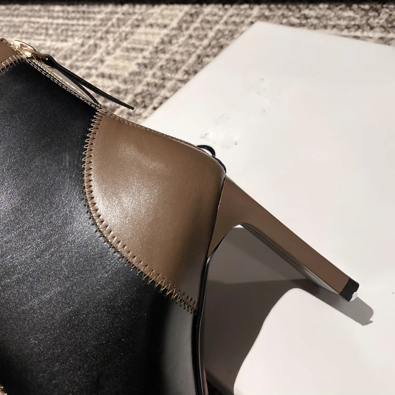 Women's new leather cowhide square toe metal toe calf zipper high heel color blocked western short boots Chelsea fashion boots - Image 5