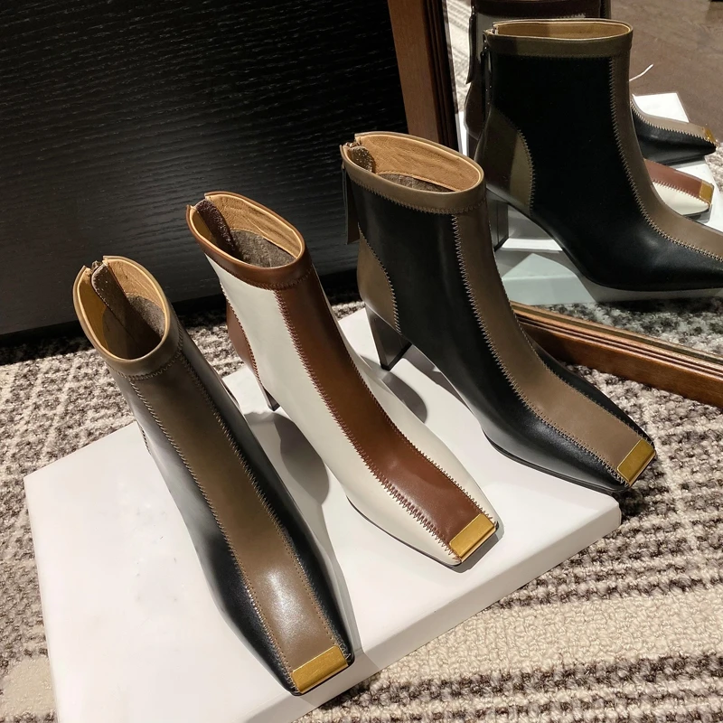 Women's new leather cowhide square toe metal toe calf zipper high heel color blocked western short boots Chelsea fashion boots - Image 6