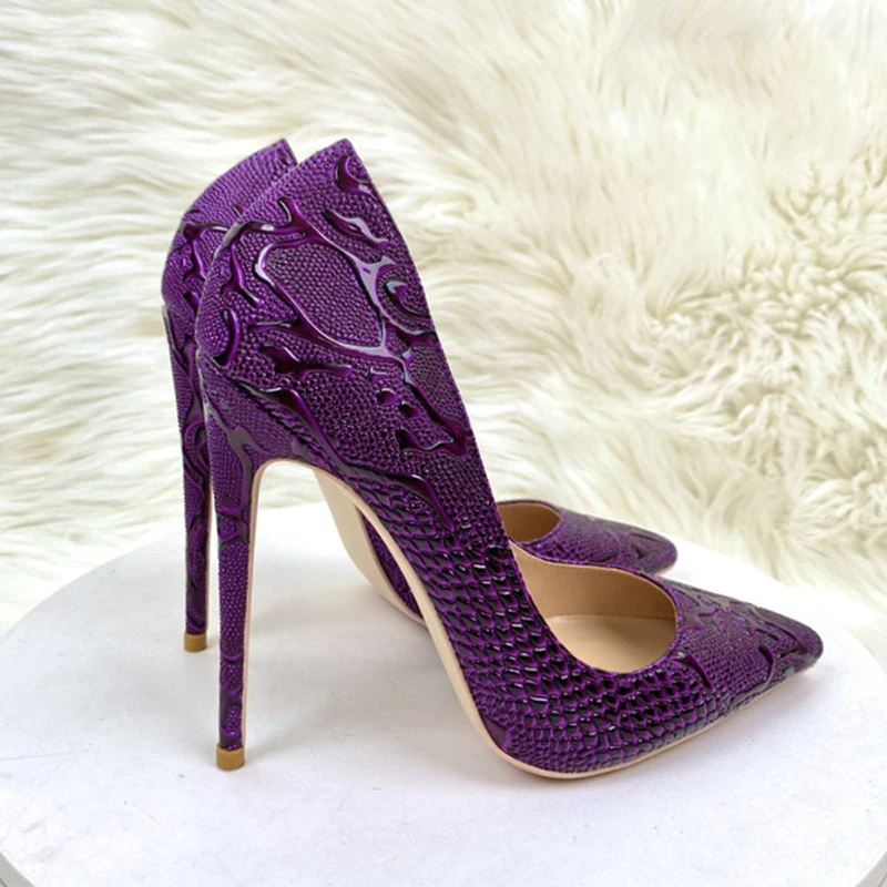 purple woman high heeled shoes shallow mouth pointed toe slip unique shoes four season all game pattern snakes shoes for women - Image 2