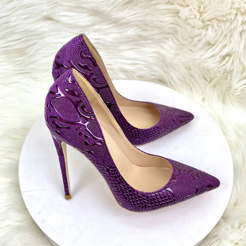 purple woman high heeled shoes shallow mouth pointed toe slip unique shoes four season all game pattern snakes shoes for women - Image 3