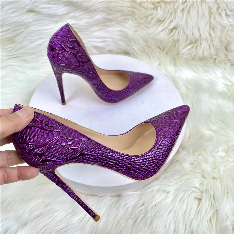 purple woman high heeled shoes shallow mouth pointed toe slip unique shoes four season all game pattern snakes shoes for women - Image 4