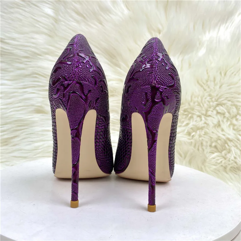 purple woman high heeled shoes shallow mouth pointed toe slip unique shoes four season all game pattern snakes shoes for women - Image 5