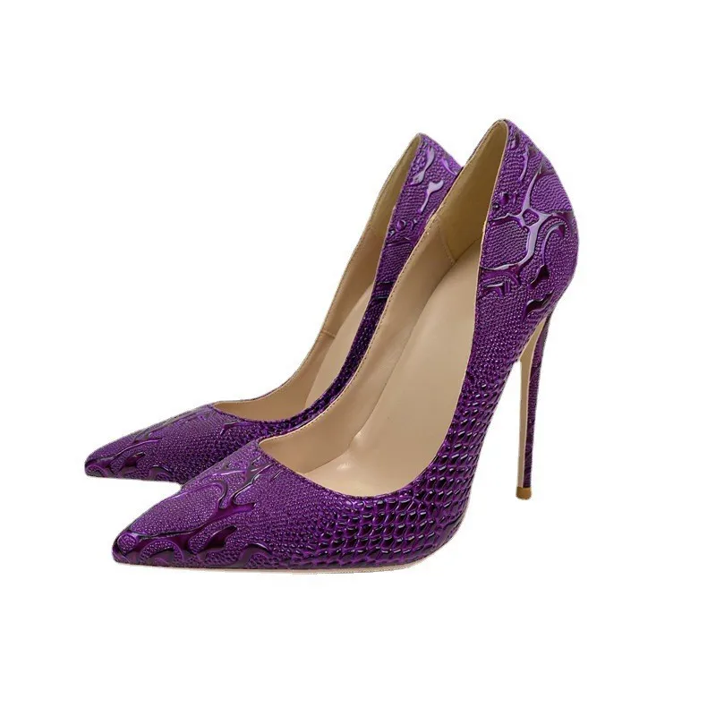 purple woman high heeled shoes shallow mouth pointed toe slip unique shoes four season all game pattern snakes shoes for women