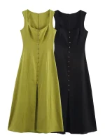 robe longue trapèze pour femmes, élégante, col carré, sans manches, large écharpe, Maxi, été, robes à boutons, 2025